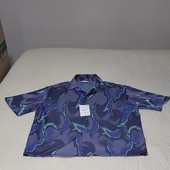 Nwt ZARA Men's Blue and Purple Button Down Shirt Sleeve  Shirt Mens Size Large - Picture 1 of 9